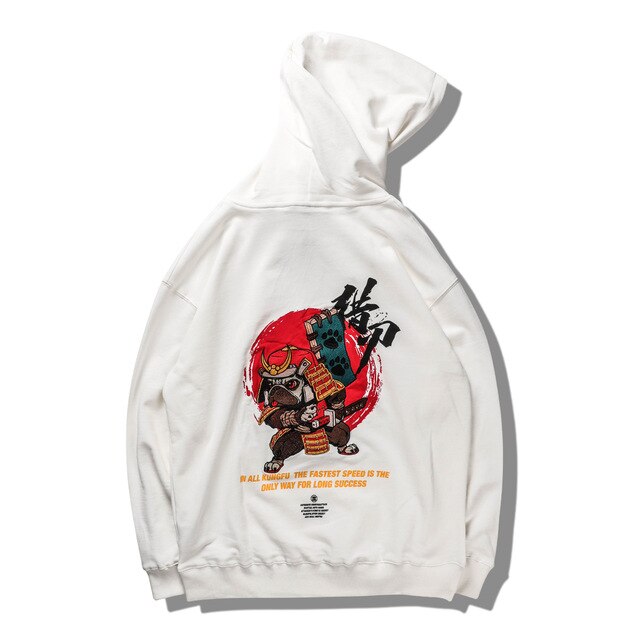 Harajuku Hip Hop Embroidered Samurai Dog Print Hoodies Sweatshirts Streetwear Chinese Characters Pullover Hooded Tops