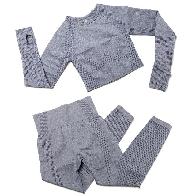 2pcs/set Women Sport Suit Yoga Set Gym Workout Clothes Long Sleeve Shirt Fitness Crop Top + High Waist Energy Seamless Leggings
