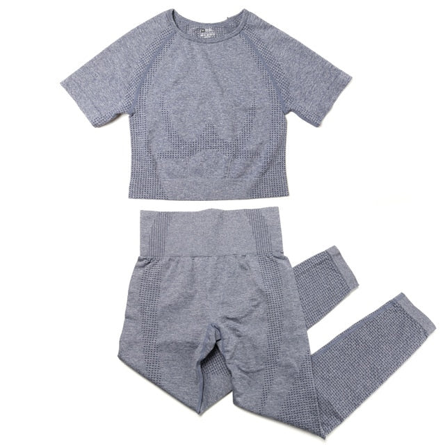 2pcs/set Women Sport Suit Yoga Set Gym Workout Clothes Long Sleeve Shirt Fitness Crop Top + High Waist Energy Seamless Leggings