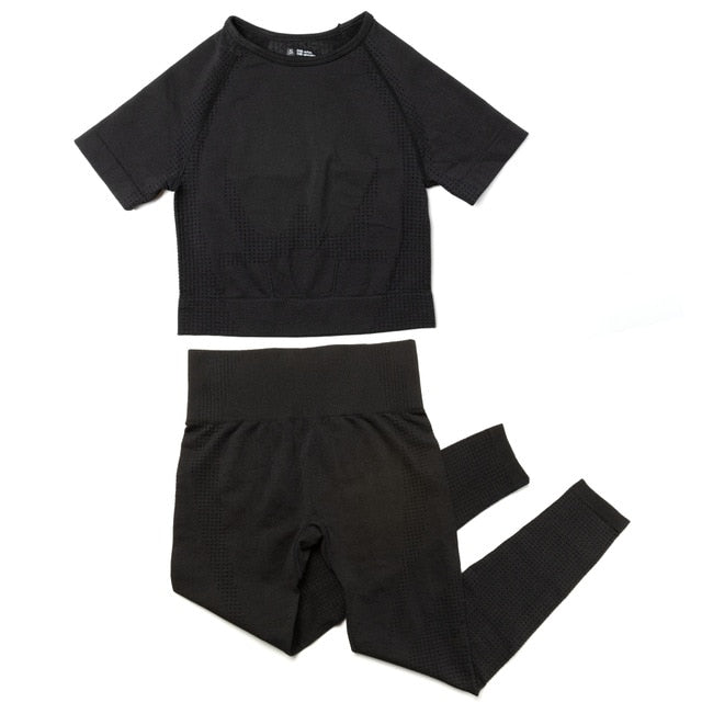 2pcs/set Women Sport Suit Yoga Set Gym Workout Clothes Long Sleeve Shirt Fitness Crop Top + High Waist Energy Seamless Leggings